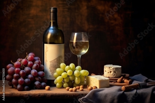 A bottle of wine, a glass of wine, grapes and nuts on a table. Generative AI.