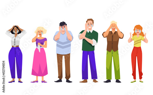 Crying people shed tears flat cartoon vector illustration isolated on white.