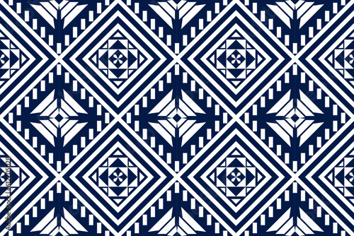 Blue and white geometric ethnic seamless pattern design for wallpaper, background, fabric, curtain, carpet, clothing, and wrapping.