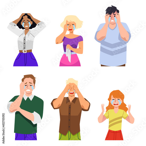 Set of crying young and adult people flat style, vector illustration