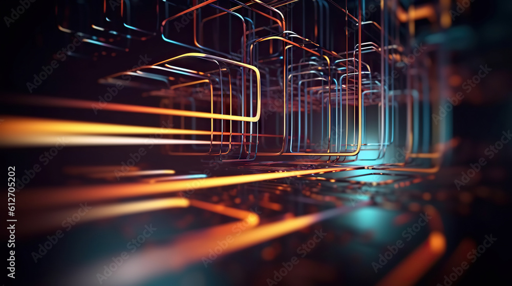 Modern digital abstract 3D background. Can be used in the description of network abilities, technological processes, digital storages, science, education, etc. Copy space. Based on Generative AI Modern digital abstract 3D background. Can be used in the description of network abilities, technological processes, digital storages, science, education, etc. Copy space. Based on Generative AI