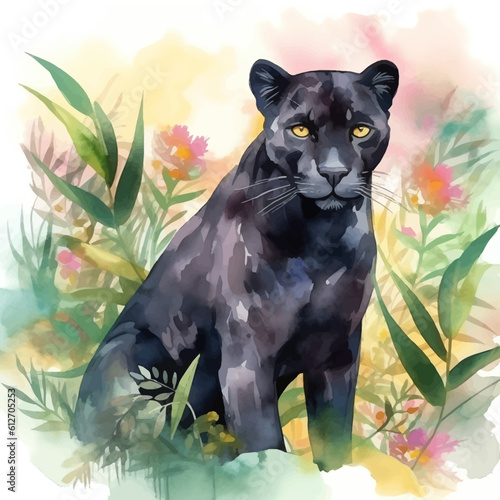 Cute black panther cartoon in watercolor style