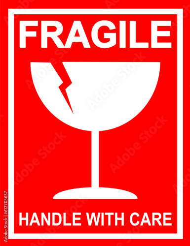 sticker fragile handle with care, red fragile warning label with broken glass symbol