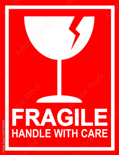sticker fragile handle with care, red fragile warning label with broken glass symbol