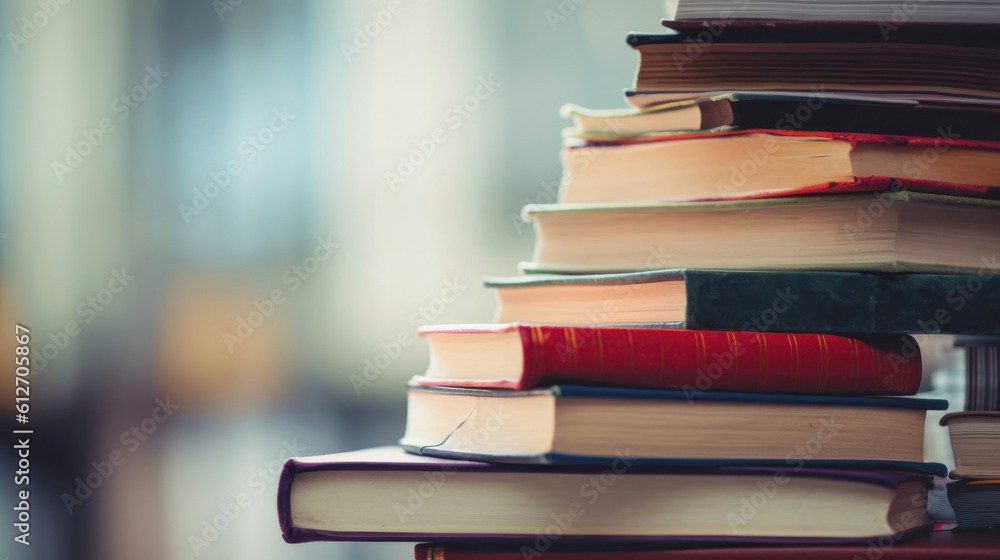 Close up Of Books Stacked, blur background. AI generation Close up Of Books Stacked, blur background. AI generation