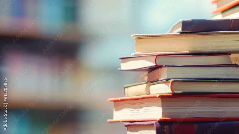 Close up Of Books Stacked, blur background. AI generation Close up Of Books Stacked, blur background. AI generation