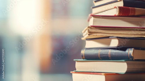 Close up Of Books Stacked, blur background. AI generation © tashechka