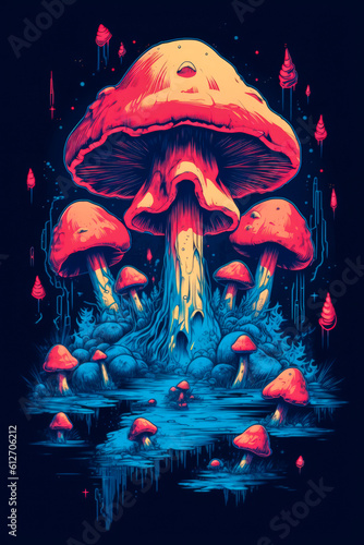 Fantasy mushrooms in colorful flat vector style made with Generative AI. Illustration for T-shirt print, poster, stickers on a solid color background.  photo