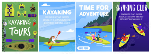 Set of posters or vertical banners about kayaking flat style, vector illustration