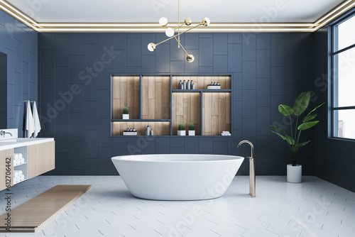 Modern blue tile luxury bathroom interior with bath tub  shelves and decorative items. 3D Rendering.