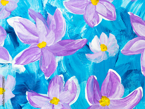 Abstract  purple  flowers, original hand drawn, impressionism style, color texture, brush strokes of paint,  art background.