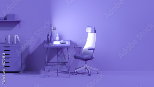 Purple monochrome minimal office table desk. Concept for study desk and workspace with screen desktop. Flat lay style. Mockup template. 3d render	
