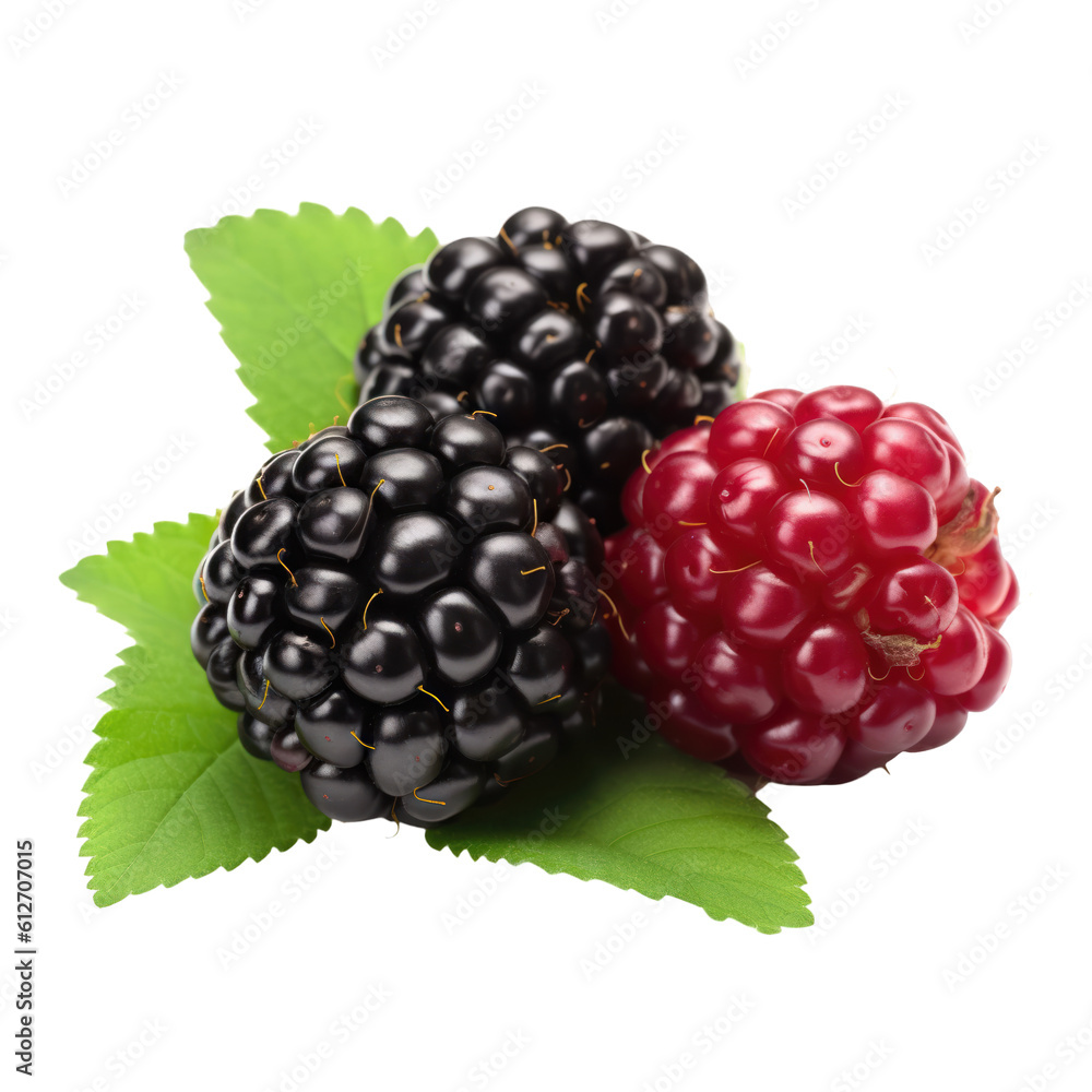 Delicious blackberry berries with green leaves isolated on transparent background, png clip art, template for mark fruit flavor on label of product. Generated with AI. Delicious blackberry berries with green leaves isolated on transparent background, png clip art, template for mark fruit flavor on label of product. Generated with AI.
