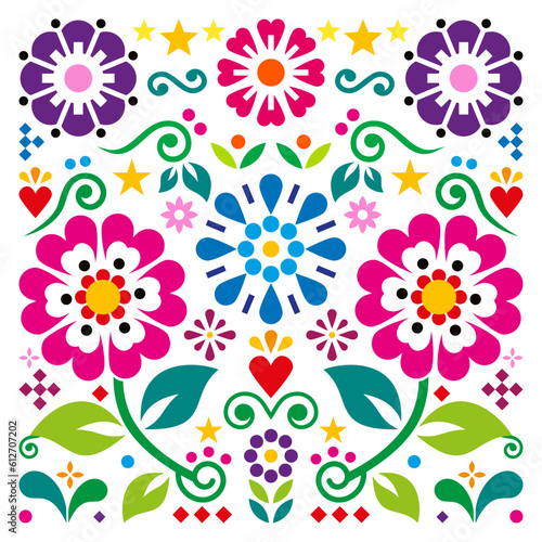 Mexican retro style vector square design with hearts, and flowers, vibrant folk art - perfect for greeting card or wedding invitaion
