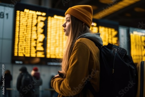 Beautiful female tourist with yellow backpack looking at departure schedule at the airport . Generative ai
