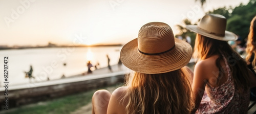 Travel concept. Summer trip. Rear view of group of young diverse adult friends enjoying summer vacation day at sunset. Women wearing straw hats looking at sea © Przemek Klos