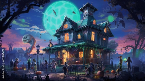 A detailed illustration of a haunted mansion with glowing windows and a full moon overhead, as trick-or-treaters in costumes gather outside, eager for Halloween fun - Generative ai