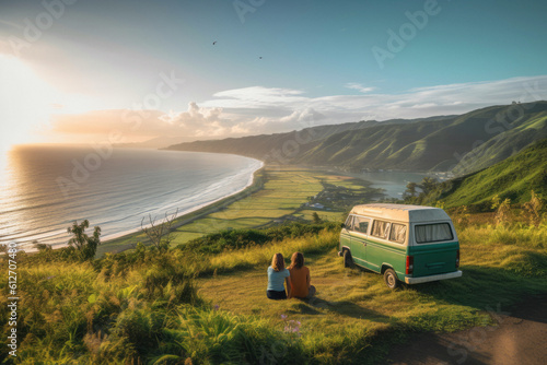 Travel concept. Summer road trip. Rear view of young couple enjoying summer vacation day. Travelling in camper van.