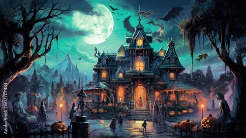 A detailed illustration of a haunted house with glowing windows, as ghostly apparitions float in the air and a full moon casts an eerie glow on the scene, creating a spooky atmosphere - Generative ai