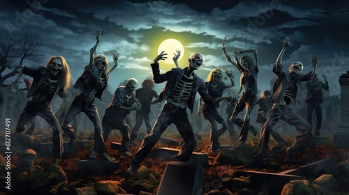 A comical scene featuring a group of zombies practicing their dance moves for a Halloween party, with tombstones and a moonlit sky as their backdrop, adding humor to the spooky theme - Generative ai