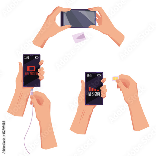 Set of people hands holding smartphones flat style, vector illustration