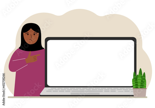 A woman next to a large laptop with plenty of space for text.