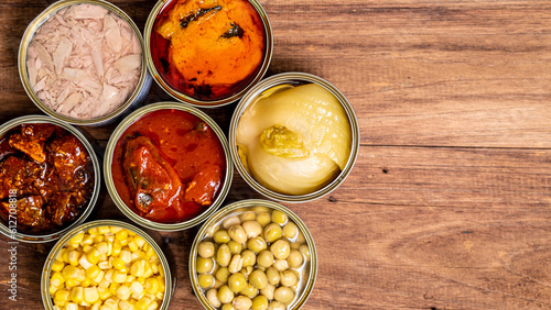 Canned food top view photo, Cans with pull-out ring, metal packaging.