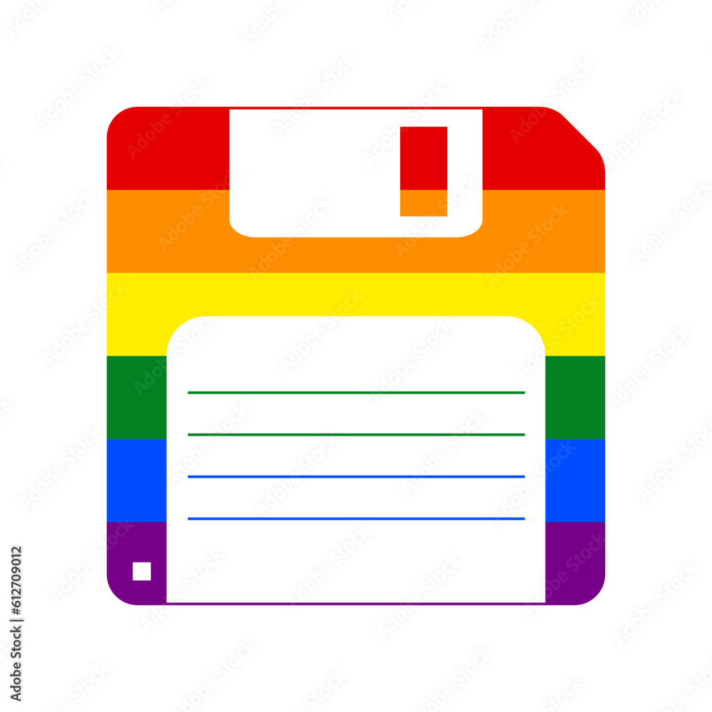 Floppy disk sign. Rainbow gay LGBT rights colored Icon at white Background. Illustration. Floppy disk sign. Rainbow gay LGBT rights colored Icon at white Background. Illustration.