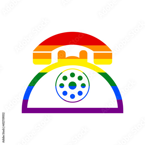 Retro telephone sign. Rainbow gay LGBT rights colored Icon at white Background. Illustration.