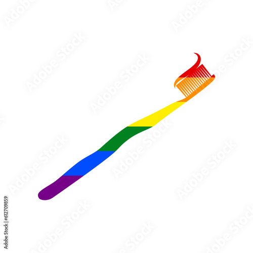 Toothbrush with applied toothpaste portion. Rainbow gay LGBT rights colored Icon at white Background. Illustration.