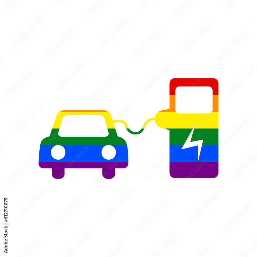 Electric car battery charging sign. Rainbow gay LGBT rights colored Icon at white Background. Illustration.