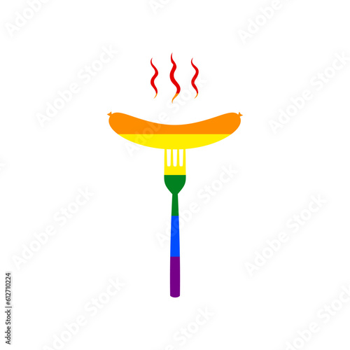 Sausage on fork sign. Rainbow gay LGBT rights colored Icon at white Background. Illustration.