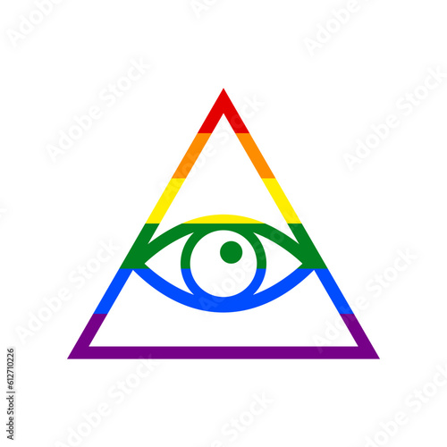 All seeing eye pyramid symbol. Freemason and spiritual. Rainbow gay LGBT rights colored Icon at white Background. Illustration.