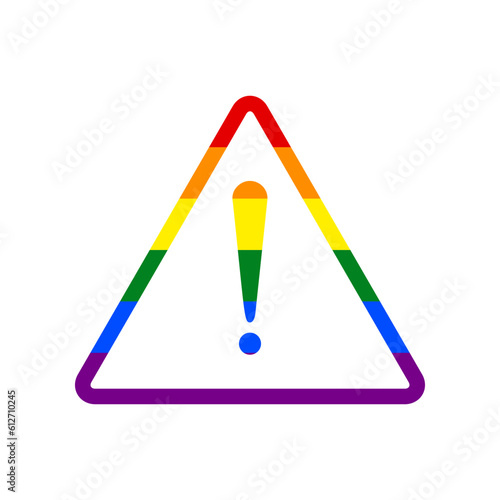 Exclamation danger sign. Flat style. Rainbow gay LGBT rights colored Icon at white Background. Illustration.