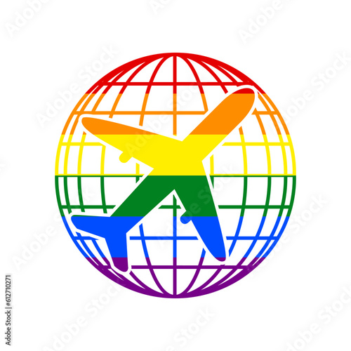 Globe and plane travel sign. Rainbow gay LGBT rights colored Icon at white Background. Illustration.
