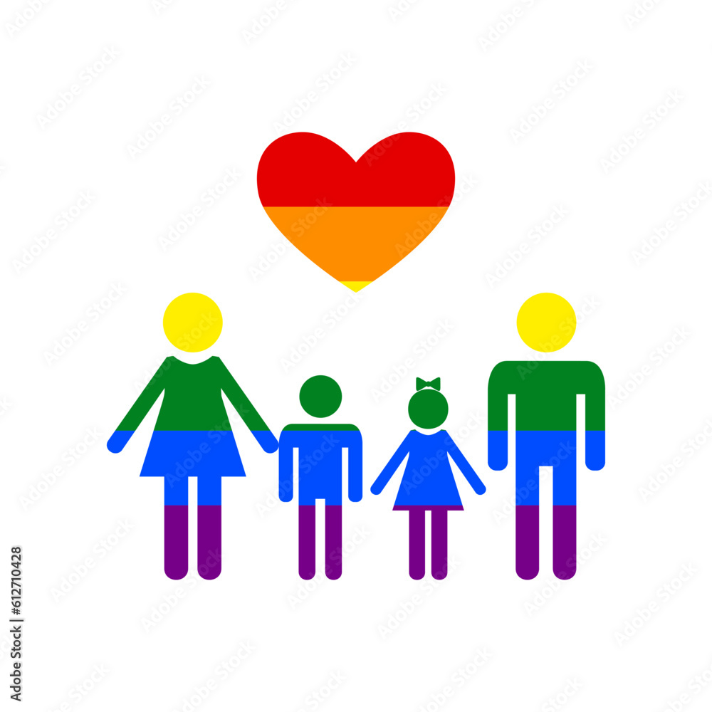 Family with heart. Husband, wife with childrens. Rainbow gay LGBT rights colored Icon at white Background. Illustration. Family with heart. Husband, wife with childrens. Rainbow gay LGBT rights colored Icon at white Background. Illustration.