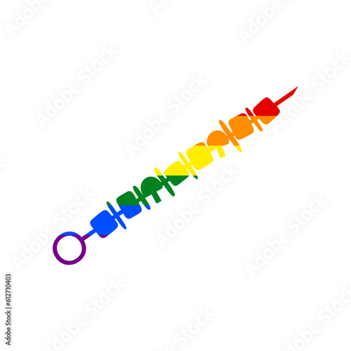 Shish kebab on skewers sign. Rainbow gay LGBT rights colored Icon at white Background. Illustration.
