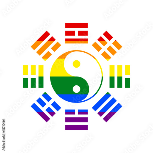 Yin and yang sign with bagua arrangement. Rainbow gay LGBT rights colored Icon at white Background. Illustration.