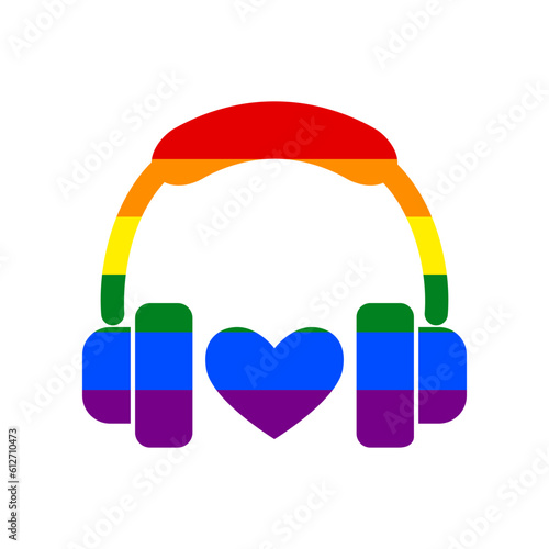 Headphones with heart. Rainbow gay LGBT rights colored Icon at white Background. Illustration.