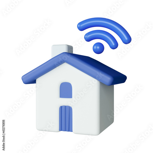 3d smart home and Wifi concept. Smart home control. Digital house system. Smartphone online connection. Wifi network. icon isolated on white background. 3d rendering illustration. Clipping path.