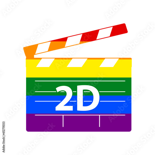 2D film sign. Rainbow gay LGBT rights colored Icon at white Background. Illustration.