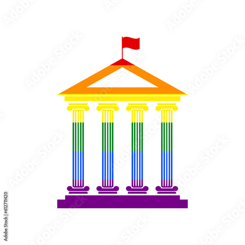 Historical building with flag. Rainbow gay LGBT rights colored Icon at white Background. Illustration.