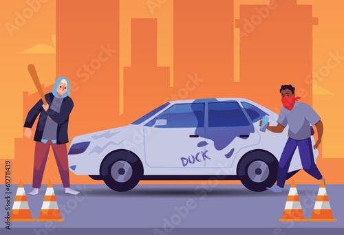 Street hooligans beating car with bat and painting on it, flat vector illustration.