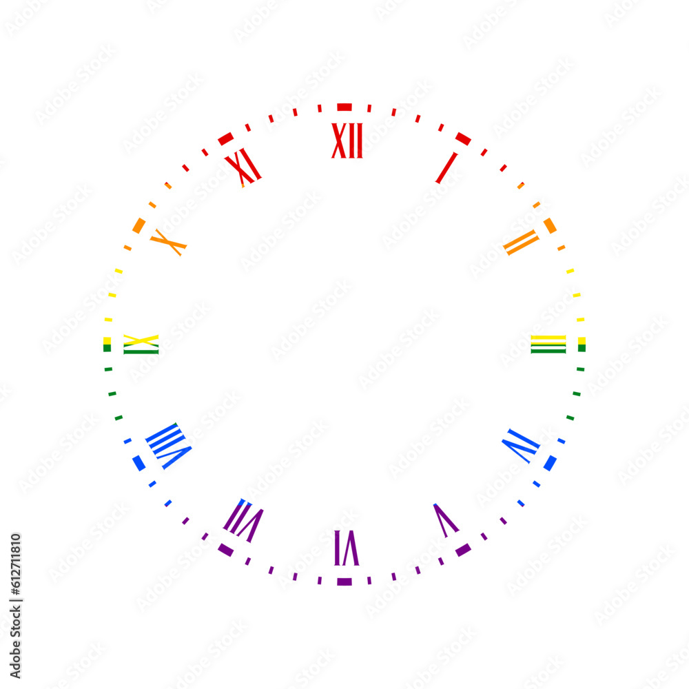 Clock face sign. Rainbow gay LGBT rights colored Icon at white Background. Illustration. Clock face sign. Rainbow gay LGBT rights colored Icon at white Background. Illustration.