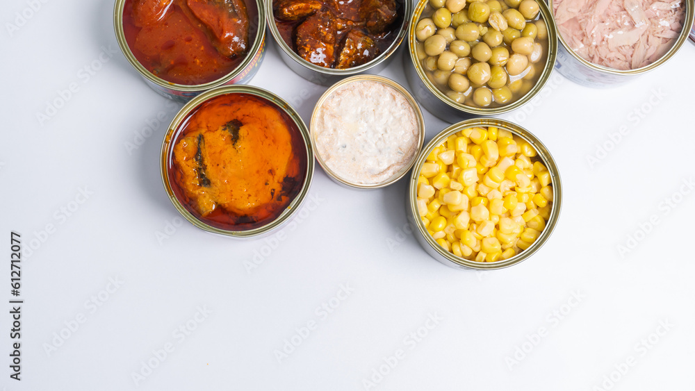 Canned food top view photo, Cans with pull-out ring, metal packaging. Canned food top view photo, Cans with pull-out ring, metal packaging.