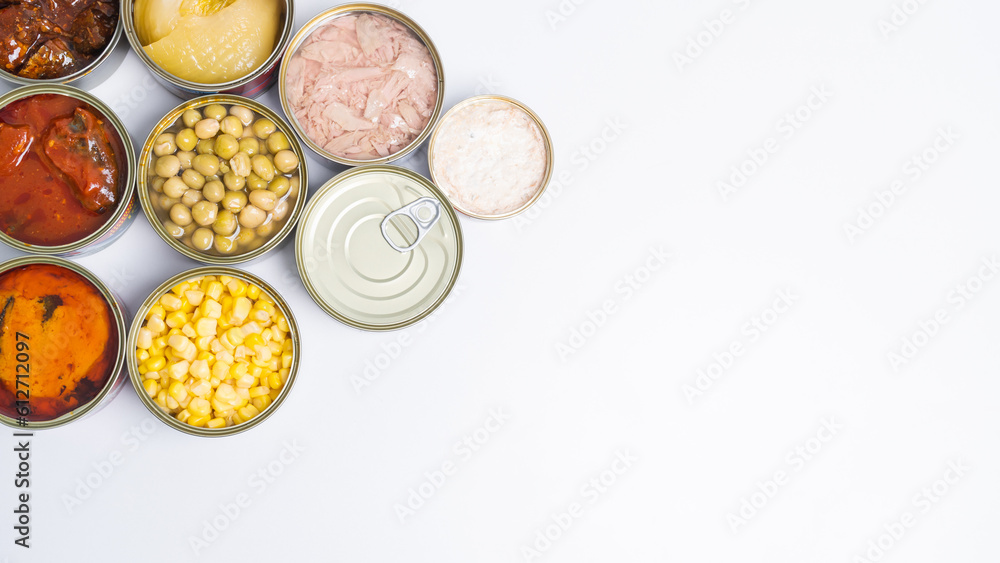 Canned food top view photo, Cans with pull-out ring, metal packaging. Canned food top view photo, Cans with pull-out ring, metal packaging.