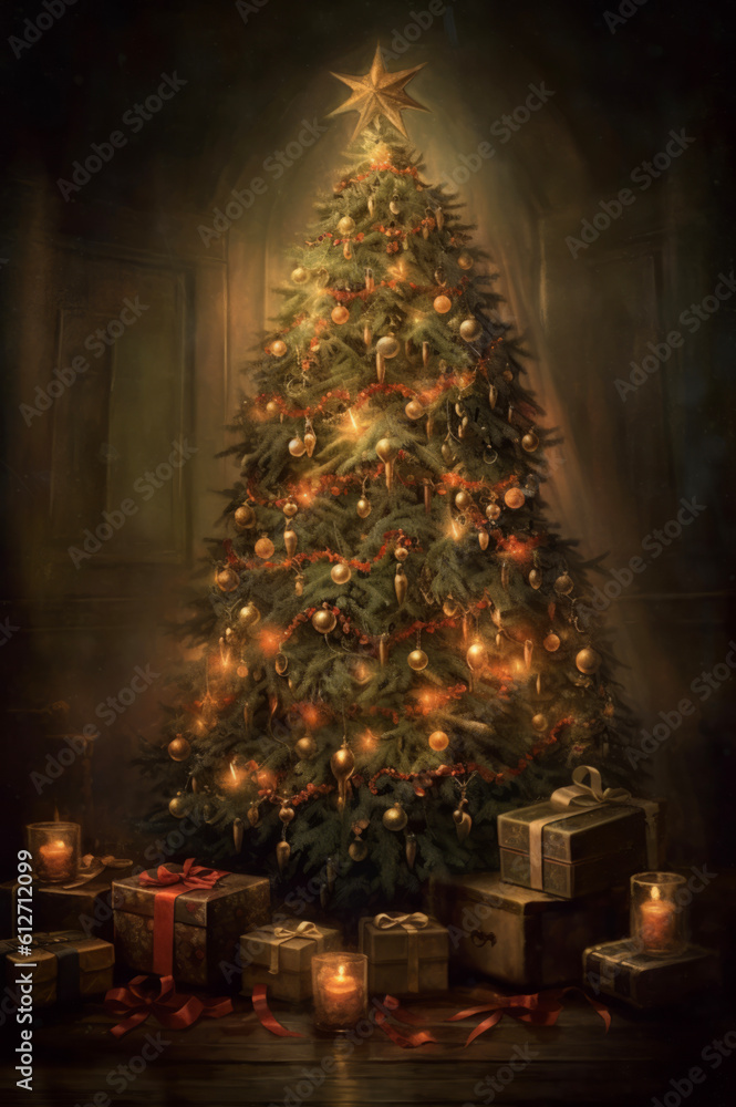Fototapeta premium Christmas tree with presents and lights. Generative AI
