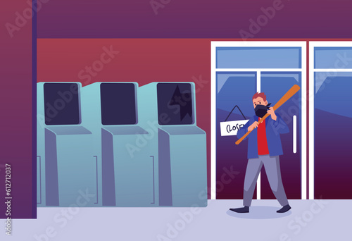 Hooligan with face mask beating ATM or slot machine with bat, flat vector illustration.
