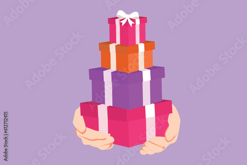Graphic flat design drawing faceless millennial lady carrying pile of wrapped gifts box isolated on blue background. Young woman holding huge stack New Year presents. Cartoon style vector illustration