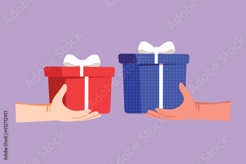 Cartoon flat style drawing of different male hand hold present box gift, souvenir. International grant exchange concept holiday, man arm give new year carton symbol. Graphic design vector illustration